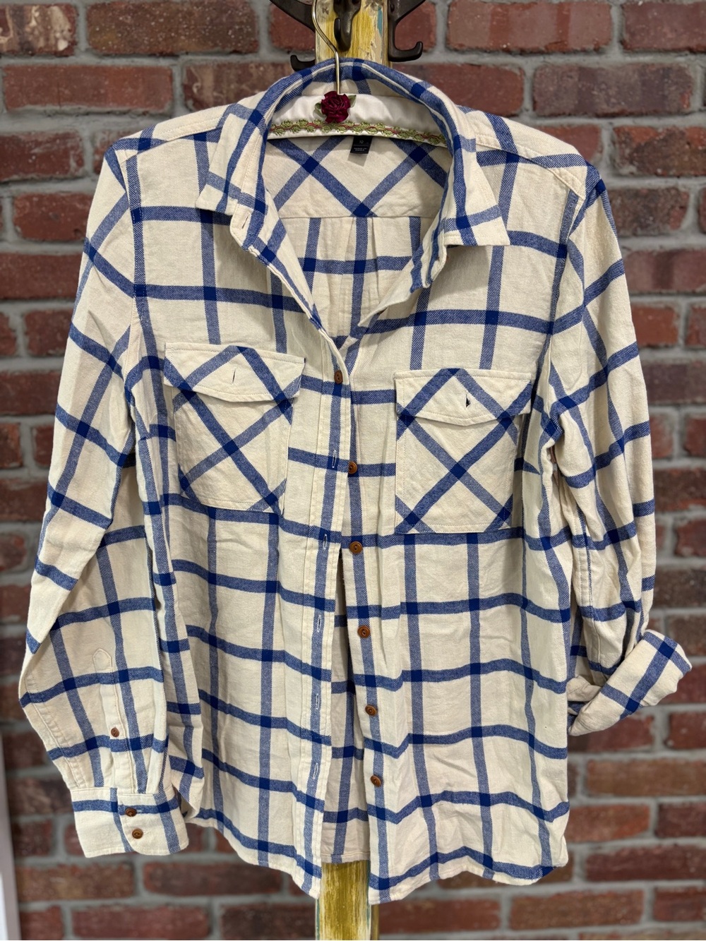 J. Crew Cream and Royal Blue Plaid Button-Up Shirt